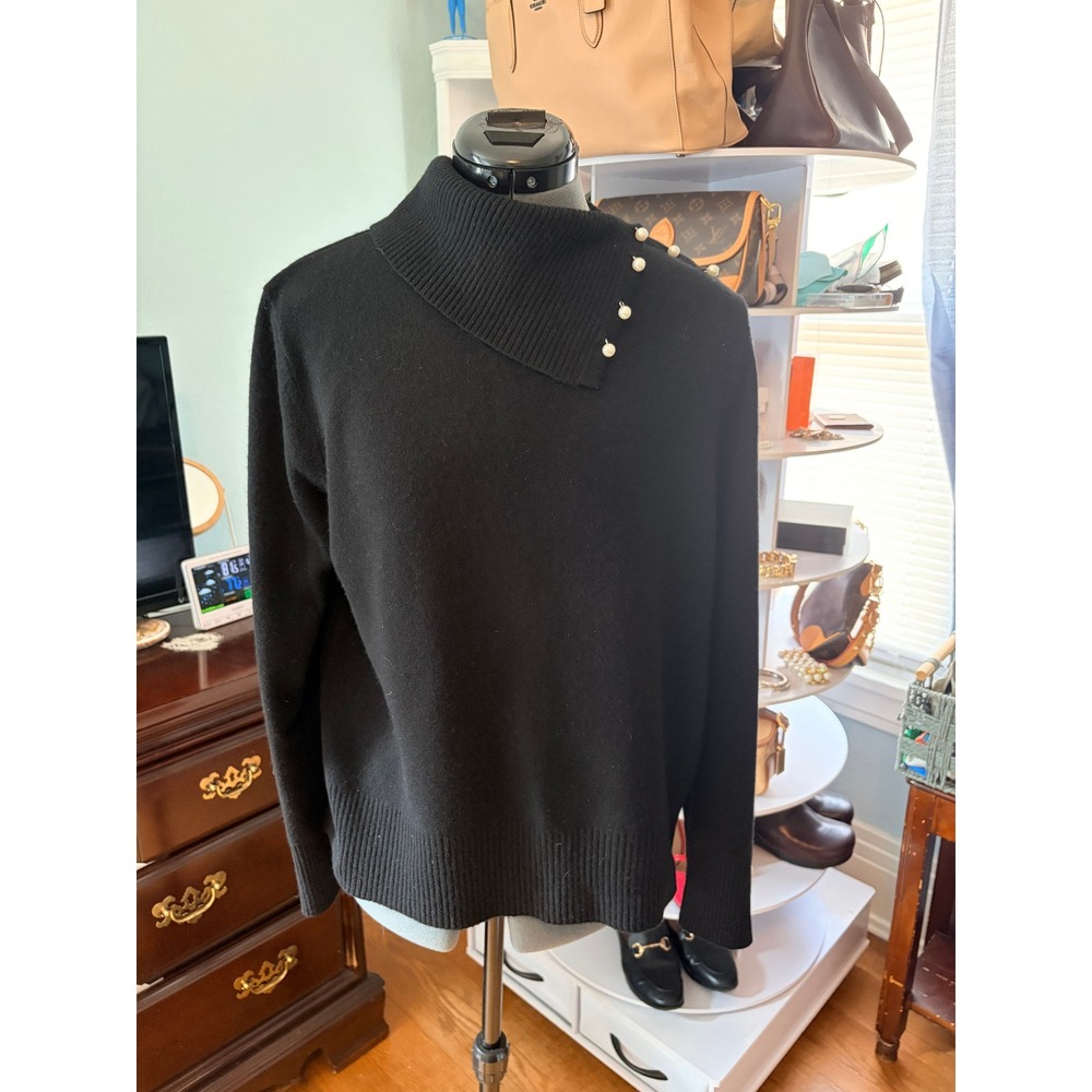 Mainbocher Cashmere Sweater XL Black Pearl Button Cowl Neck Elegant Work Career